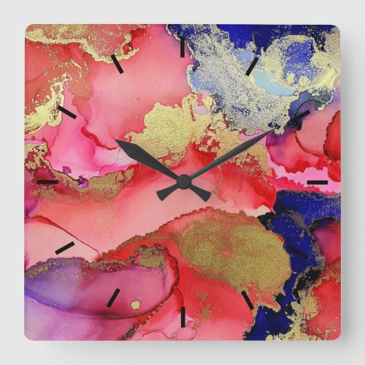 抽象芸術金ゴールドレッドブルー スクエア壁時計 (正面)