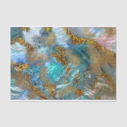 抽象芸術金ゴールド及びティール（緑がかった色）フェイクフォイルグリッター流体アート 薄葉紙 (正面)