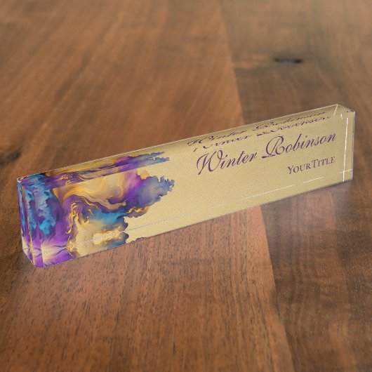 抽象芸術金ゴールド水色カラフルインク デスクネームプレート (側面)