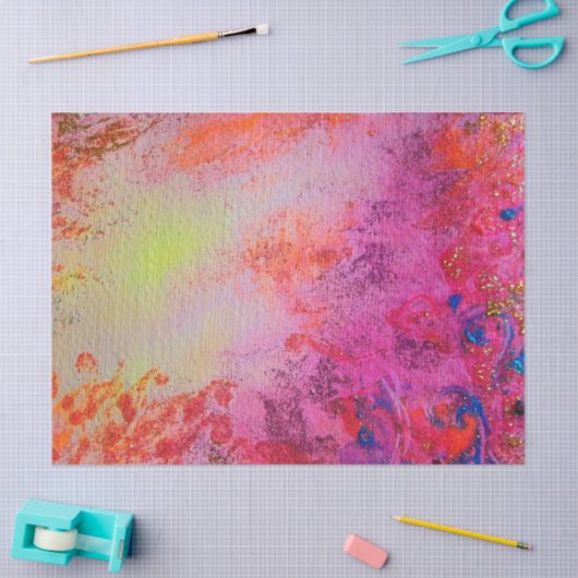 抽象芸術金ゴールド渦巻き旋回、ピンク明るい赤紫色赤ブルーフローラ 薄葉紙 (クラフト)