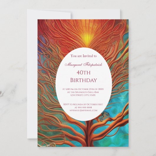 抽象芸術金ゴールド赤ティール(緑がかった色)任意の年齢の誕生日パーティー 招待状 (正面)