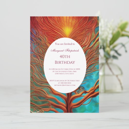 抽象芸術金ゴールド赤ティール（緑がかった色）任意の年齢の誕生日パーティー 招待状 (スタンド正面)