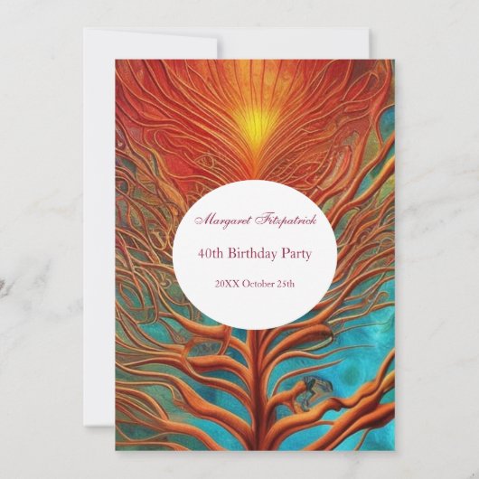 抽象芸術金ゴールド赤ティール(緑がかった色)任意の年齢の誕生日パーティー 招待状 (裏面)