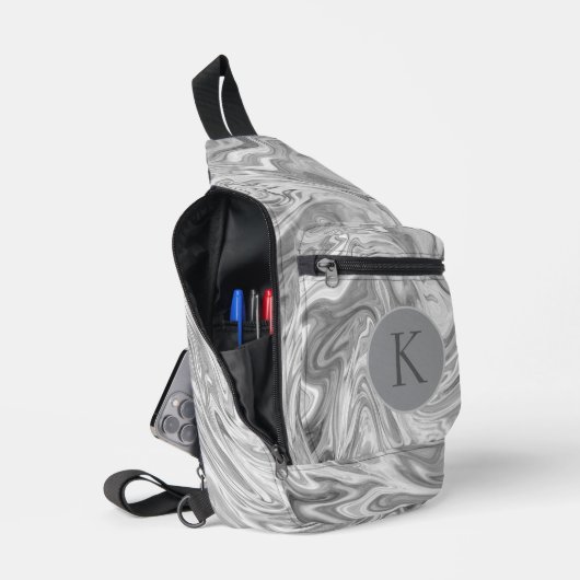 抽象芸術銀大理石渦巻形のおもしろい スリングバッグ (見開き)