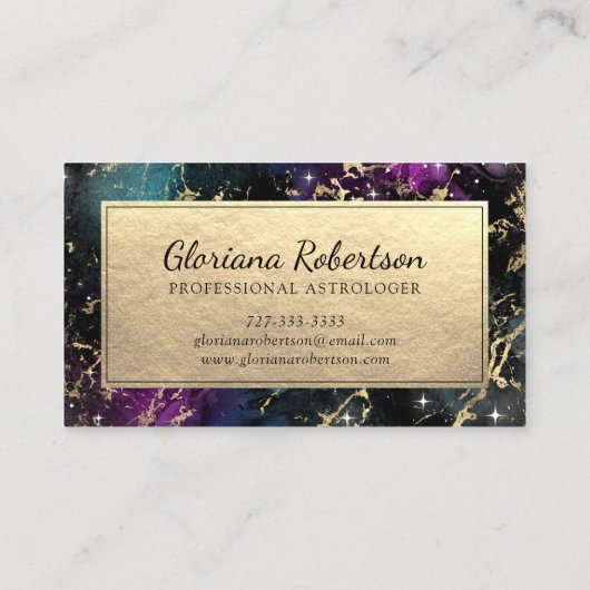 抽象芸術銀河系紫ティール（緑がかった色）青金ゴールドオーバーレイ 名刺 (裏面)