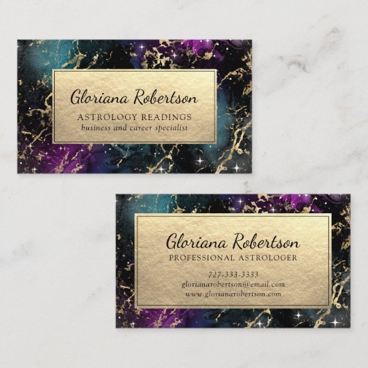抽象芸術銀河系紫ティール（緑がかった色）青金ゴールドオーバーレイ 名刺