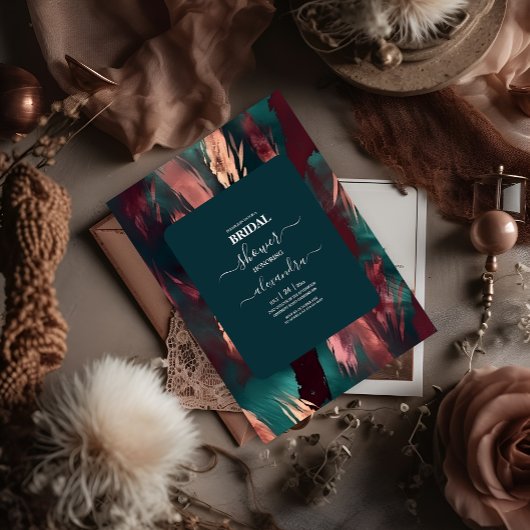 抽象芸術銅ダークグリーンほこりっぽいピンクブライダル 招待状