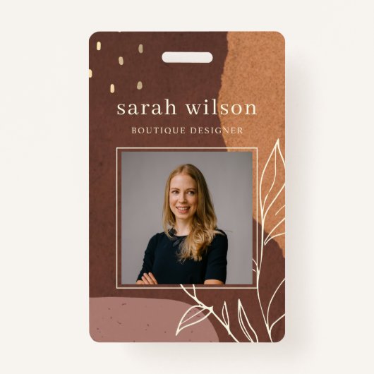 抽象芸術錆ピンクのオレンジ色の葉の写真 バッジ (正面)