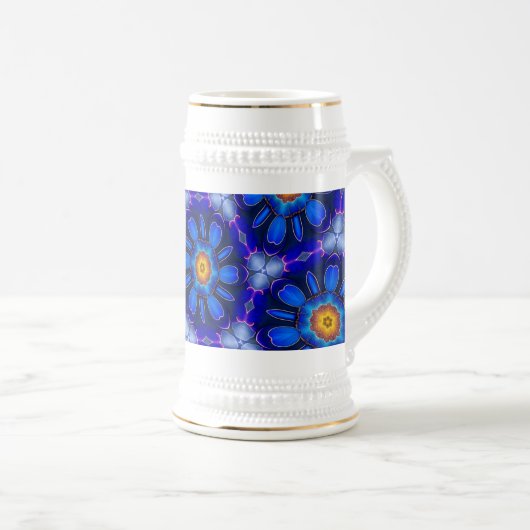 抽象芸術青い花パターン ビールジョッキ (正面右)