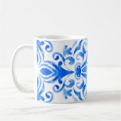 抽象芸術青と白の手描きのタイル コーヒーマグカップ (左)