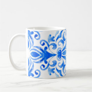 抽象芸術青と白の手描きのタイル コーヒーマグカップ