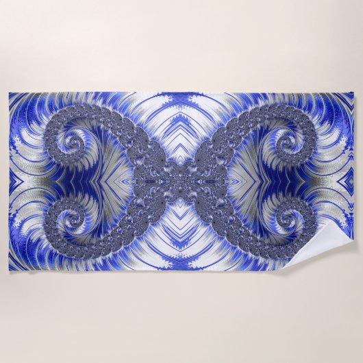 抽象芸術青と白の渦巻きフラクタル ビーチタオル (正面)