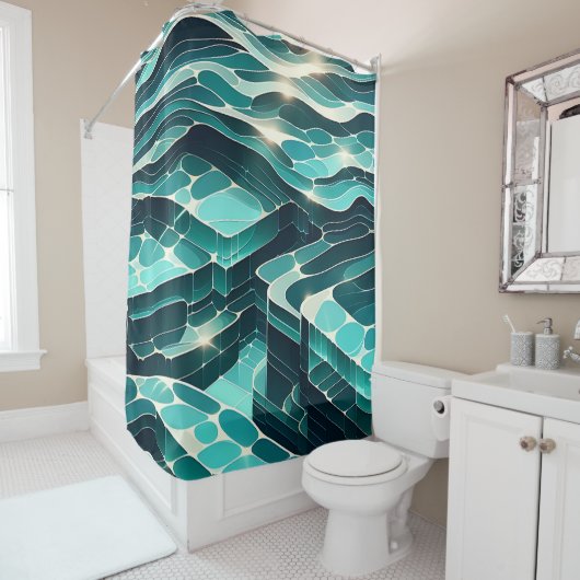 「抽象芸術青と緑の水波」 シャワーカーテン (インサイチュ)