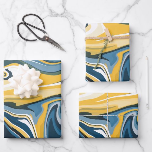 抽象芸術青と黄色の流れパターン ラッピングペーパーシート (正面)