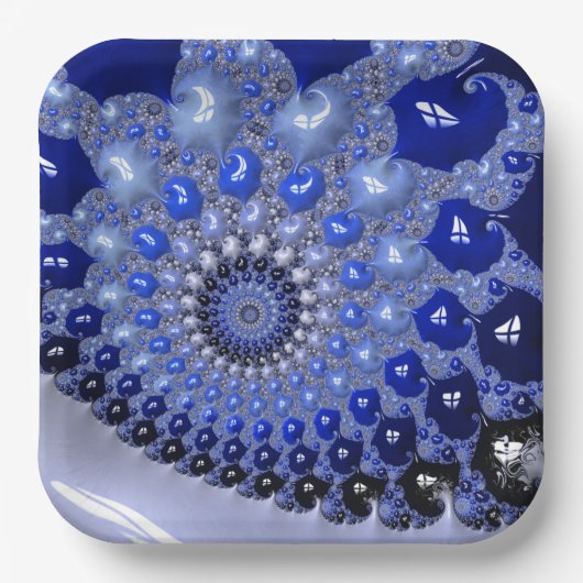 抽象芸術青グラデーションフラクタル気泡 ペーパープレート (正面)