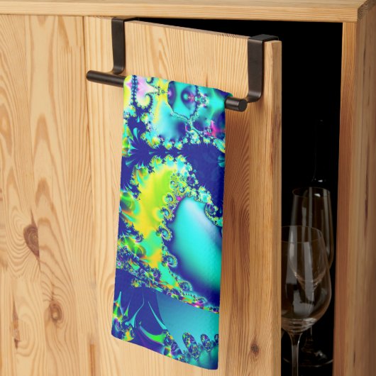 抽象芸術青シアン緑フラクタル キッチンタオル (三つ折り)