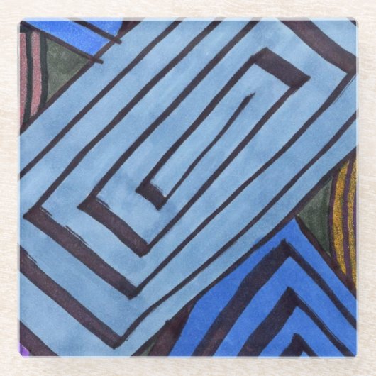 抽象芸術青色の長方形スパイラルエジプトコイル ガラスコースター (正面)