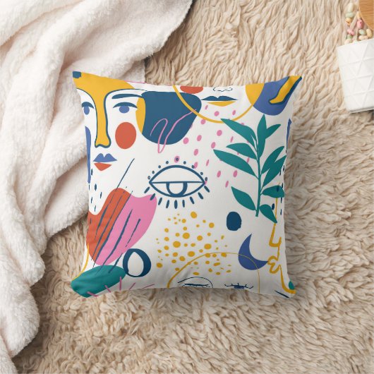 抽象芸術顔と植物学調和 クッション (ブランケット)