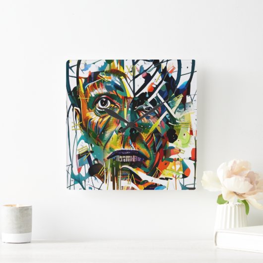 抽象芸術顔エイリアン スクエア壁時計 (ホーム)