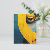 抽象芸術顔ブルーとイエロー ポストカード (スタンド正面)