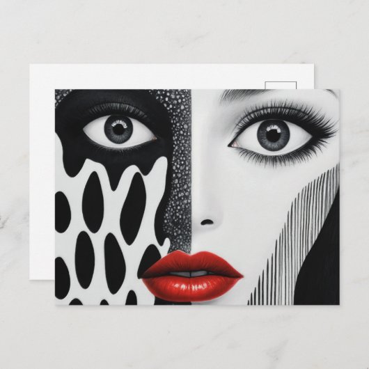 抽象芸術顔白黒赤 ポストカード (正面/裏面)