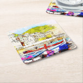 抽象芸術風景港 スクエアペーパーコースター (アングル)