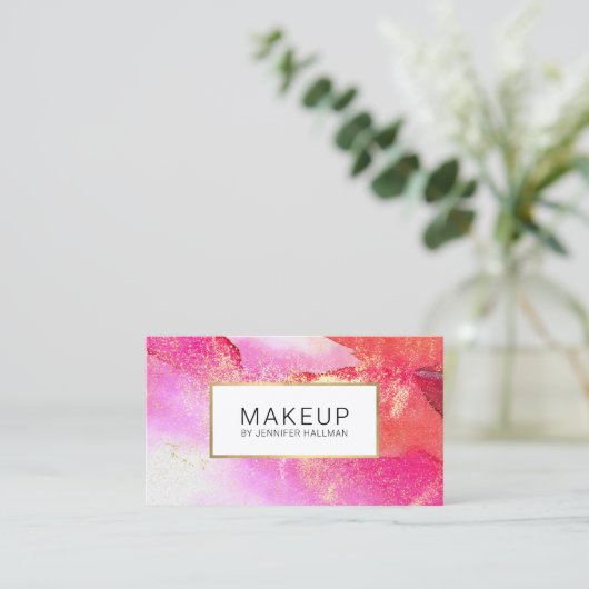 抽象芸術鮮やかなピンク色のフェイク金ゴールド 名刺 (スタンド正面)