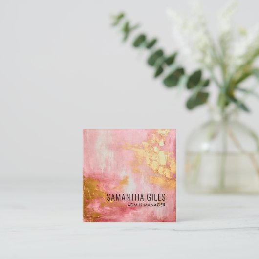 抽象芸術鮮やかなピンク色の金ゴールド絵を描 スクエア名刺 (スタンド正面)