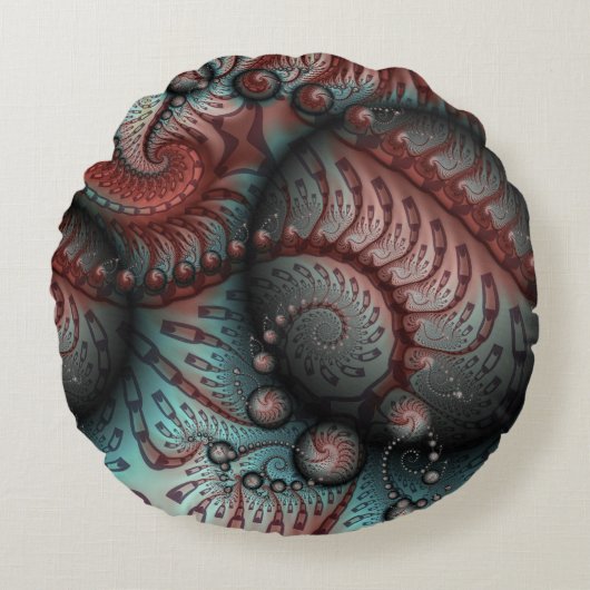 抽象芸術鮮やかなファンタジーフラクタルアートブラウンブルー ラウンドクッション (正面)