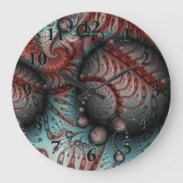 抽象芸術鮮やかなファンタジーフラクタルアートブラウンブルー ラージ壁時計