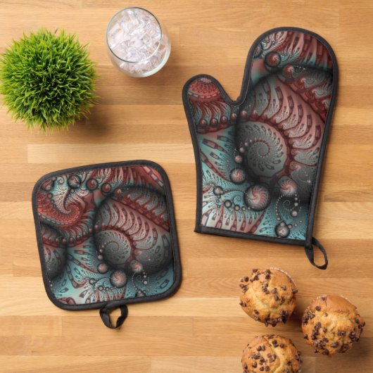 抽象芸術鮮やかなファンタジーフラクタルアートブラウンブルー 鍋つかみ&鍋敷きセット (トップダウン)