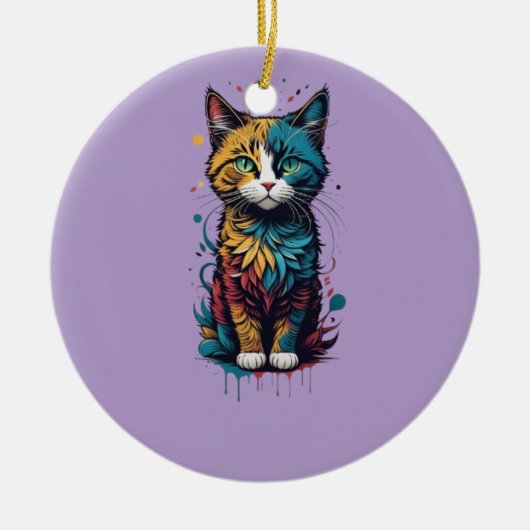 抽象芸術鮮やかキャットアートTシャツは恋人に最適 セラミックオーナメント (正面)
