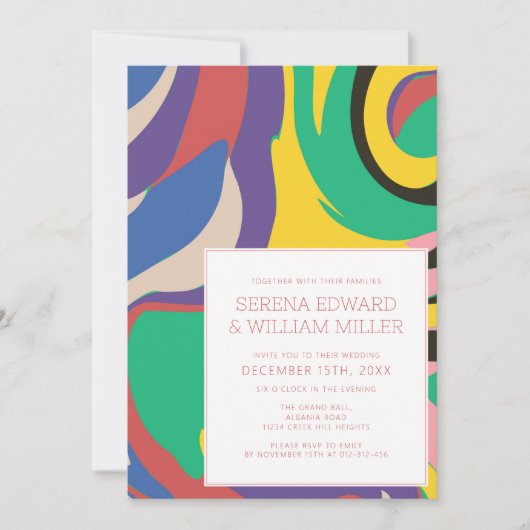 抽象芸術鮮やかシェイプシ結婚ック 招待状 (正面)
