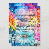 抽象芸術鮮やかデイジーフラワーバースデーパーティー 招待状 (正面/裏面)