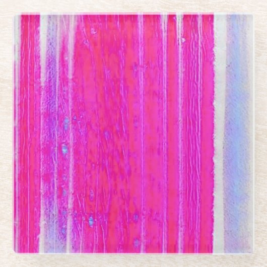 抽象芸術鮮やかピンクとパープルのストライプアート ガラスコースター (正面)