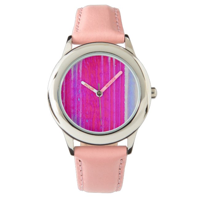 抽象芸術鮮やかピンクとパープルのストライプアート 腕時計 (正面)