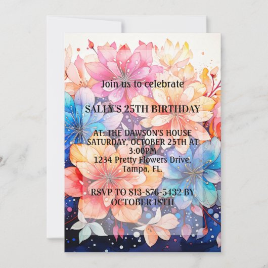 抽象芸術鮮やかフラワーアート誕生日パーティー 招待状 (正面)