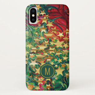 抽象芸術鮮やかレッドグリーン金ゴールドスターズモノグラム iPhone X ケース