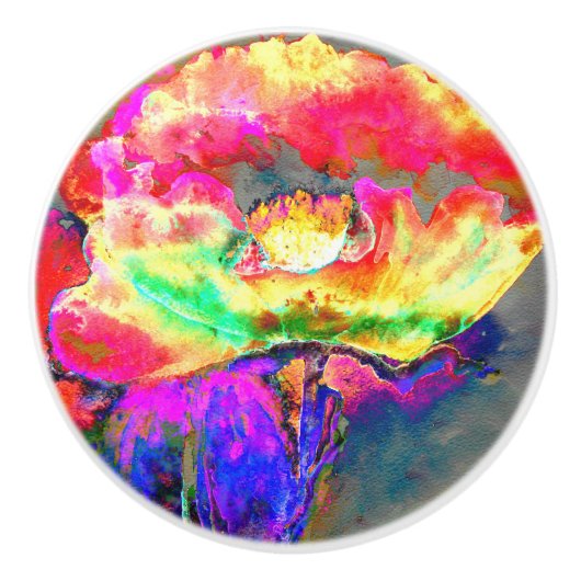 抽象芸術黄桃色フローラ絵画 セラミックノブ (正面)