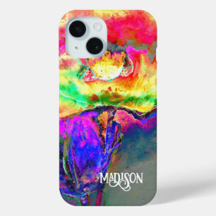 抽象芸術黄桃色フローラ絵画 iPhone 15ケース