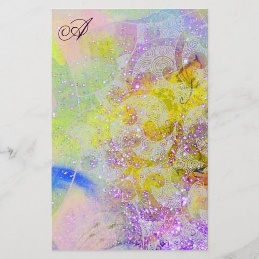 抽象芸術黄紫色フローラスワーズモノグラム 便箋 (正面)