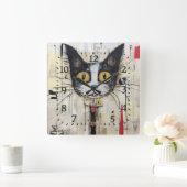 抽象芸術黄色い目カラフル猫 スクエア壁時計 (ホーム)