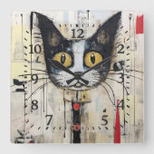 抽象芸術黄色い目カラフル猫 スクエア壁時計 (正面)