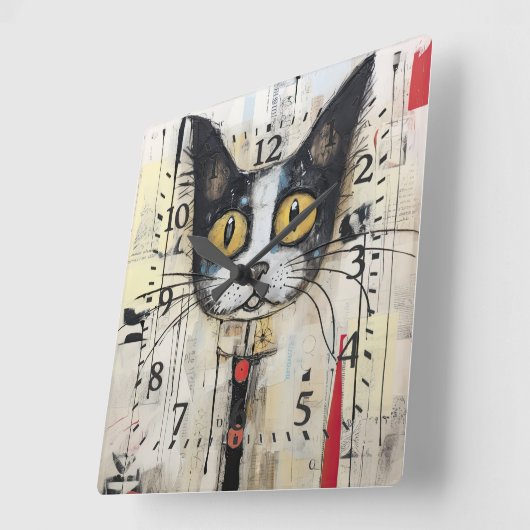 抽象芸術黄色い目カラフル猫 スクエア壁時計 (傾斜)