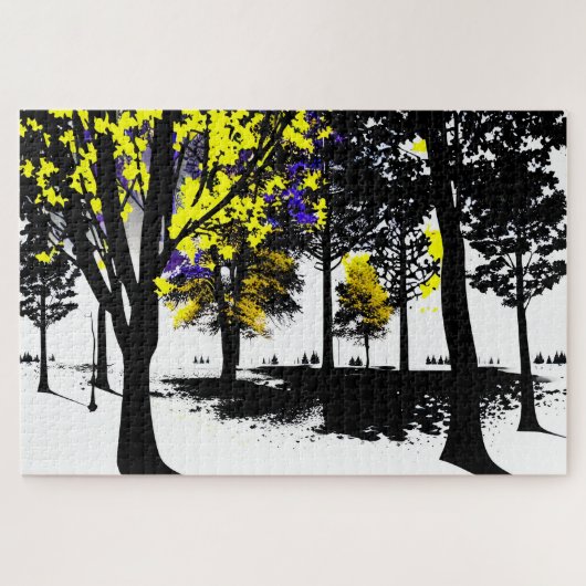 抽象芸術黄色と青のシルエットツリー ジグソーパズル (横)