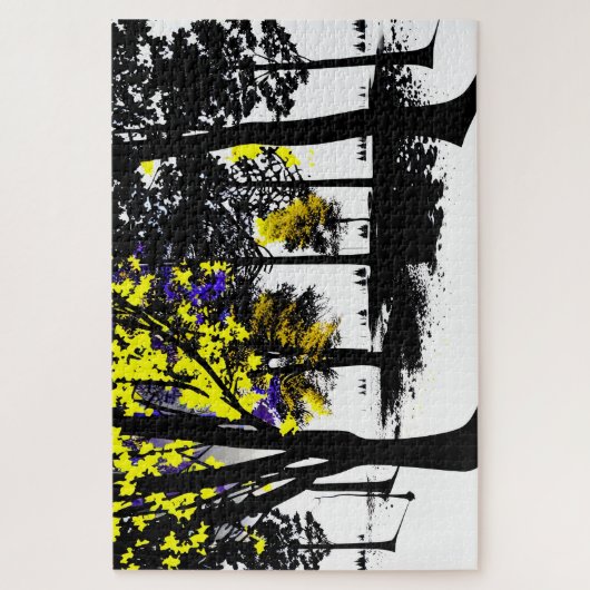 抽象芸術黄色と青のシルエットツリー ジグソーパズル (縦)