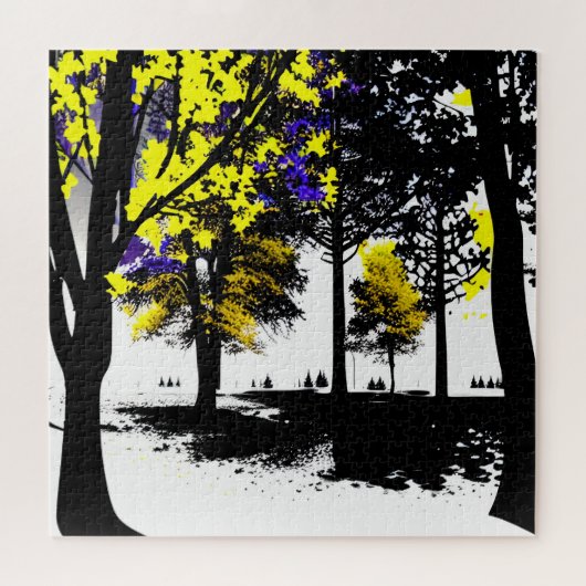 抽象芸術黄色と青のシルエットフォレスト ジグソーパズル (横)