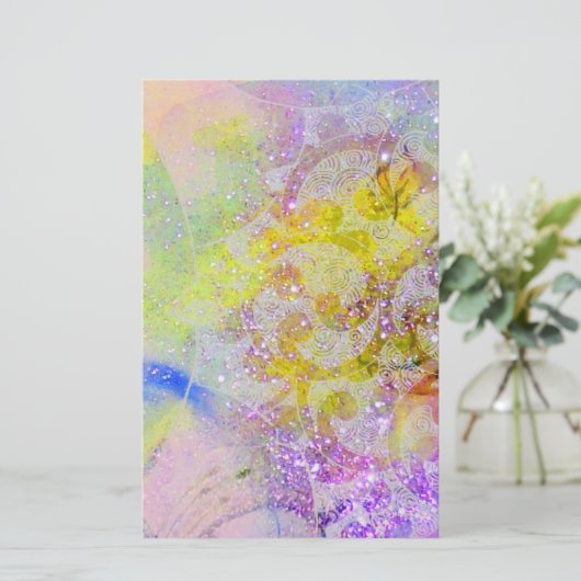 抽象芸術黄色の紫色の波、フローラ渦巻き 便箋 (スタンド正面)