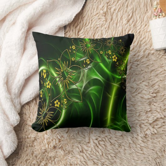 抽象芸術黄色の黒と緑の花デザイン クッション (ブランケット)
