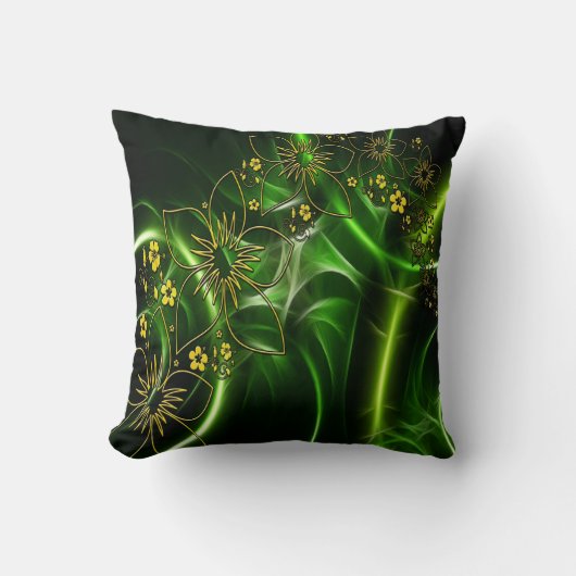 抽象芸術黄色の黒と緑の花デザイン クッション (正面)